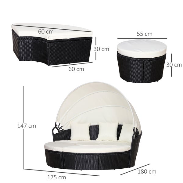 Outsunny Rattan Sonneninsel, Loungegruppe mit Sonnendach, Sitzgruppe, Kissen und Beistelltisch, Metall, Creme, 180 x 175 x 147 cm