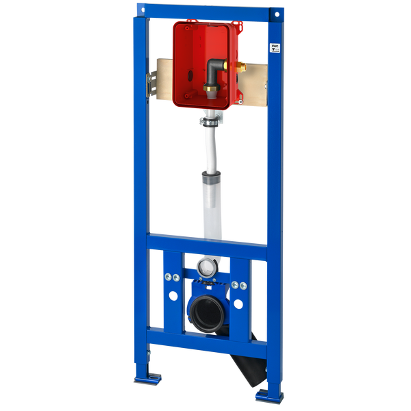 Vorwandelement für Urinal mit blauem Metallrahmen, Spülrohr und Anschlussbox zur Montage in Trockenbauwänden oder vor Massivwänden.