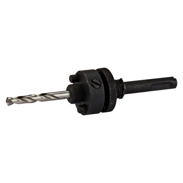 Lochsägen-Adapter mit Zentrierbohrer und SDS-Plus-Aufnahme aus robustem Metall.