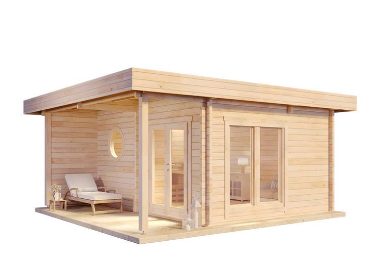 FinnTherm Saunahaus Winterhur-70 Gartensauna 3 Sitzbänke aus Holz, Sauna mit 70 mm Wandstärke Außensauna, Naturbelassen 5x4m