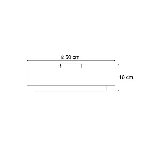 Maßzeichnung einer runden Deckenleuchte mit einem Durchmesser von 50 Zentimetern und einer Höhe von 16 Zentimetern.