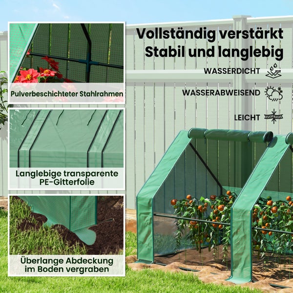Tomatenhaus mit pulverbeschichtetem Stahlrahmen, robuster PE-Gitterfolie und überlanger Bodenabdeckung für stabilen Halt im Garten.