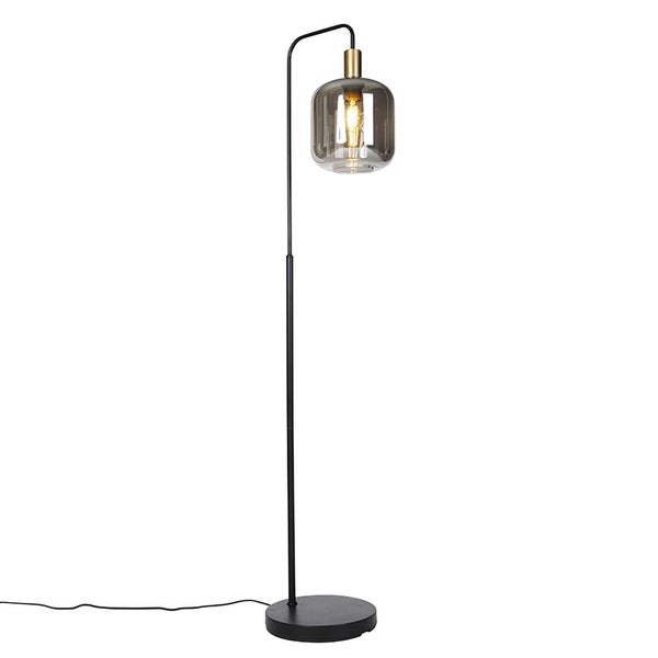 QAZQA - Design Design-Stehleuchte I Stehlampe I Standleuchte I Lampe I Leuchte schwarz mit Gold I Messing und Rauchglas – Zuzanna I Wohnzimmer I Schlafzimmer - Länglich - LED geeignet E27