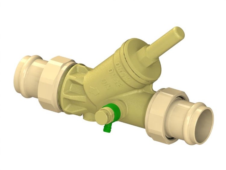 Schrägsitzventil mit Pressanschluss und Entleerung für Trinkwasser, Nennweite 32.