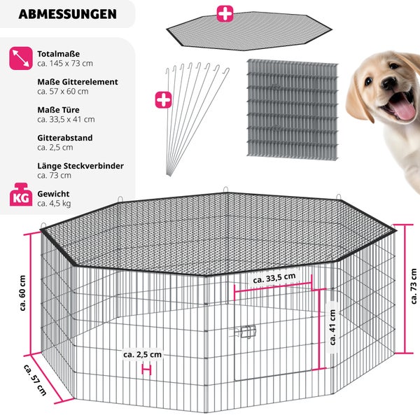 Metall-Freilaufgehege mit Haustieren, Netzabdeckung, Bodenschutzmatte und Erdspießen