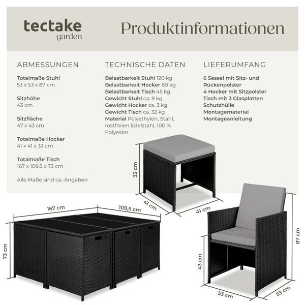 Rattan Sitzgruppe tectake Malaga zusammenschiebbar, inklusive Schutzhülle für 6 bis 10 Personen schwarz/grau