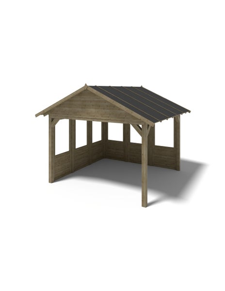 Offener Gartenpavillon aus Holz mit Satteldach und teilweisen Seitenwänden.