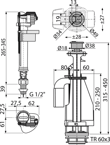Technische Zeichnung mit Maßen in Millimeter für ein Spülkastenset bestehend aus Einlassventil G ein halb Zoll und Zweimengen-Ablaufventil.