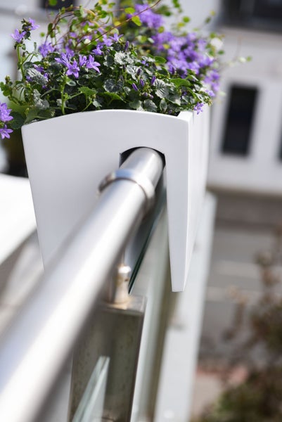 Weißer Balkonblumenkasten mit violetten Blumen, montiert auf einem runden Metallgeländer.