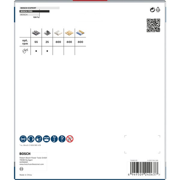 Bosch Produktverpackung mit Leistungsdaten und Sicherheitshinweisen