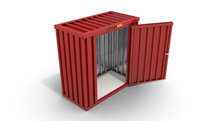 Lagercontainer Gerätehaus XS  – 2 qm, H2150 x B2100 x T1140 mm, Außenwandlackierung RAL 3000 feuerrot, Dach außen verzinkt, mit Holzfußboden, 1270 mm Einflügeltür mittig in Breitseite, montiert