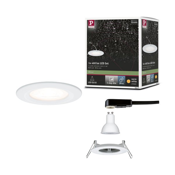 Paulmann LED Einbaustrahler-Set Nova, GU10, 460 Lumen, IP 44, 3-Stufen-Dimmfunktion, warmweiß, weiß matt, 5 Jahre Garantie.