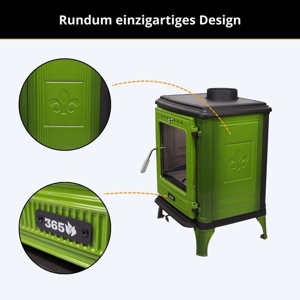 Kaminofen mit dekorativem Lilien-Emblem und Label 365 mit Flammensymbol, zeigt einzigartige Designdetails.
