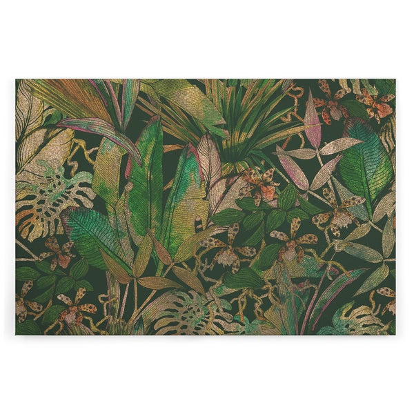 Tapete mit Dschungel Motiv und tropischen Blättern sowie Blüten als Wandverkleidung