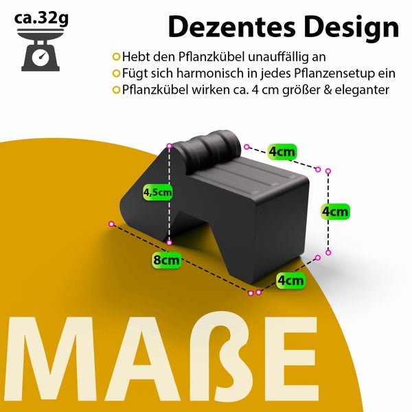 Abgebildet ist ein Pflanzenkübel-Erhöher mit den Maßen 4,5 x 8 x 4 Zentimeter.