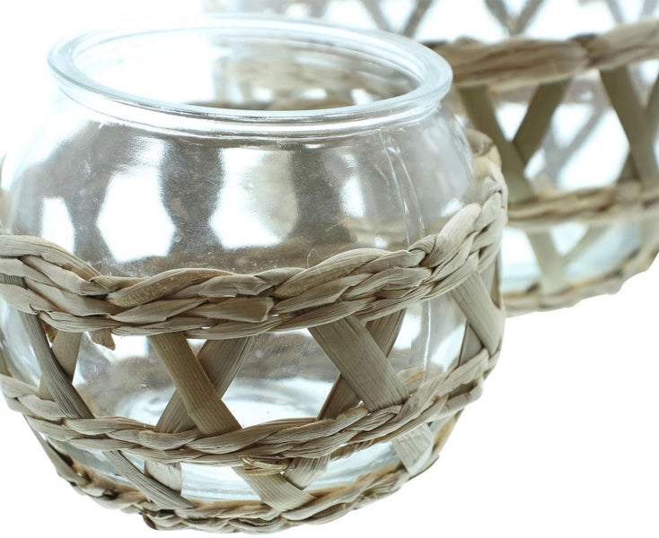 Dekoleidenschaft 2x Windlicht Geflecht aus Glas, Kerzenglas mit Seegras Geflecht, Teelichthalter, Kerzenhalter für Stumpenkerzen, Dekoglas, Tischdeko