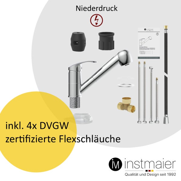 instmaier Niederdruck Küchenarmatur K2 | Ausziehbare Brause | Wasserhahn Küche mit 2 Funktionen | Spültischarmatur Chrom | 360° schwenkbar | mit Zentralverschraubung