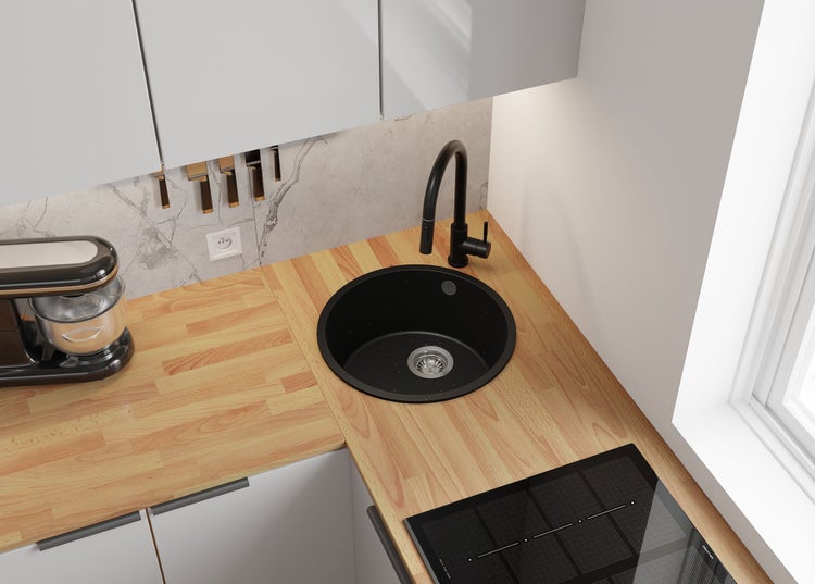PRIMAGRAN Granitspüle Schwarz Metallic 46x46cm, Spülbecken Rund 1 Becken + Küchenarmatur 32x20cm + Ablauf-Set, Küchenspüle ab 50er Unterschrank - Valletta Slim