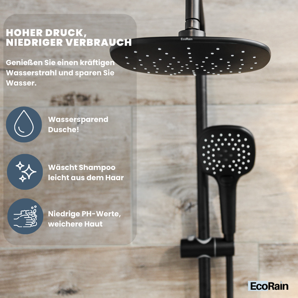 EcoRain 30% Wassersparender Regendusch-Duschset Kay 25 CM mit Thermostatarmatur - Handbrause 12 CM - Hoher Druck - Universell - Anti-Kalk Duschkopf - Schwarz