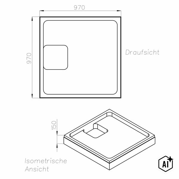 Technische Zeichnung einer quadratischen Duschwanne mit den Maßen 970 mal 970 mal 150 Millimeter in Draufsicht und isometrischer Ansicht