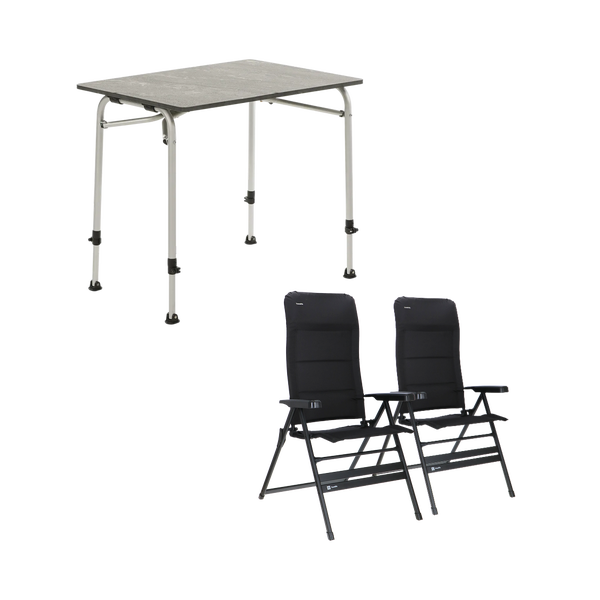 Camping-Set bestehend aus einem höhenverstellbaren Tisch und zwei klappbaren Hochlehner-Stühlen.