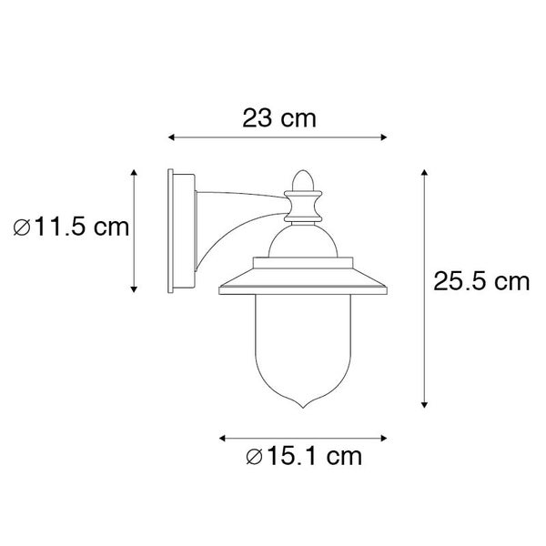 Maßzeichnung einer Außenwandleuchte: Höhe 25,5 Zentimeter, Tiefe 23 Zentimeter und Durchmesser 15,1 Zentimeter.