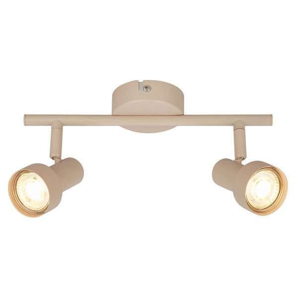 Zweiflammiger Deckenstrahler aus Metall in Beige mit zwei verstellbaren Spotköpfen.