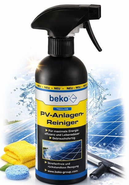 beko Tecline Reiniger für Photovoltaikanlagen in einer Sprühflasche für die Reinigung von Solarmodulen.