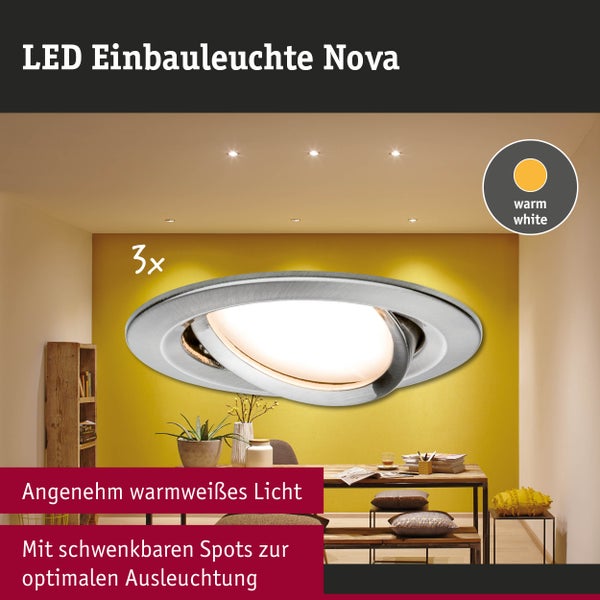 LED-Einbauleuchte Nova im 3er-Set, schwenkbar, gebürstetes Metall, warmweißes Licht, Anwendungsbeispiel im Wohnbereich.