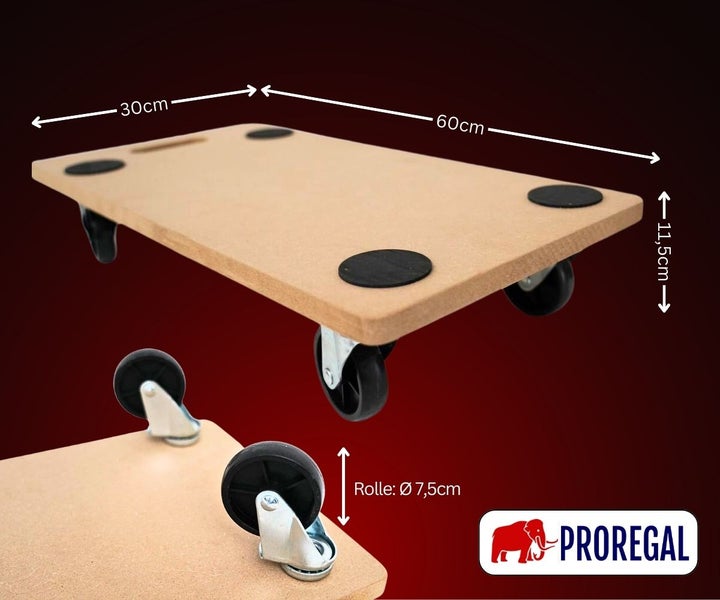 ProRegal Transportroller aus Holz mit vier Lenkrollen, Maße 60 mal 30 mal 11,5 Zentimeter, Rollendurchmesser 7,5 Zentimeter. ProRegal Logo.