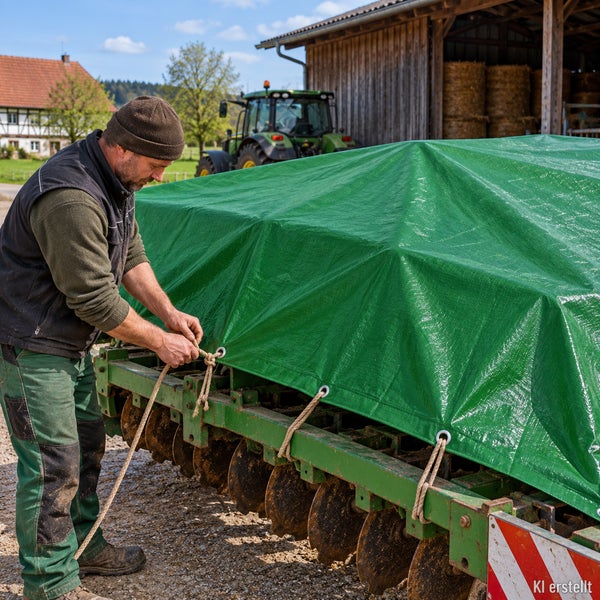 Ein Landwirt befestigt eine grüne Abdeckplane mit Ösen und einem Seil an einer landwirtschaftlichen Maschine im Freien.