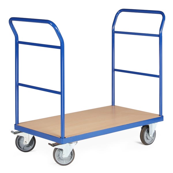 Blauer Transportwagen mit Holzplattform und vier Rädern