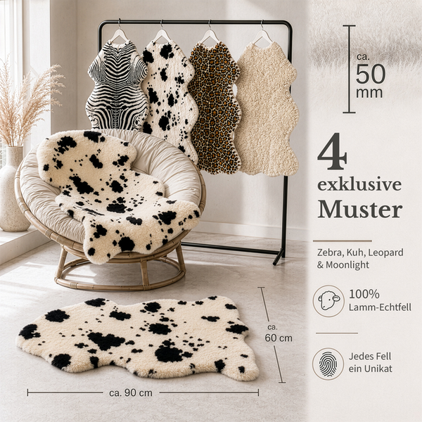 Lammfell-Teppiche in 4 Mustern wie Zebra, Kuh und Leopard, circa 90 mal 60 Zentimeter, Florhöhe circa 50 Millimeter, 100 Prozent Lamm-Echtfell.