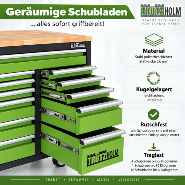 Werkstattwagen von Trutzholm mit pulverbeschichteten Stahlschubladen, kugelgelagerten Schienen und rutschfesten Einlagen.