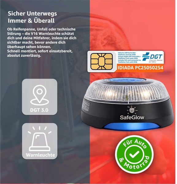 SafeGlow V16 Warnleuchte mit DGT 3.0 Ortungsfunktion und inklusive SIM Karte