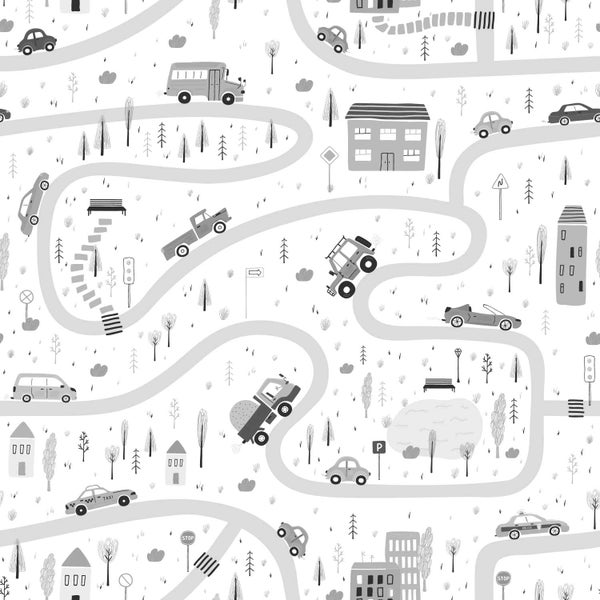 Tapete mit Straßen-Motiv, Autos und Häusern für Kinderzimmer in schwarz und weiß.