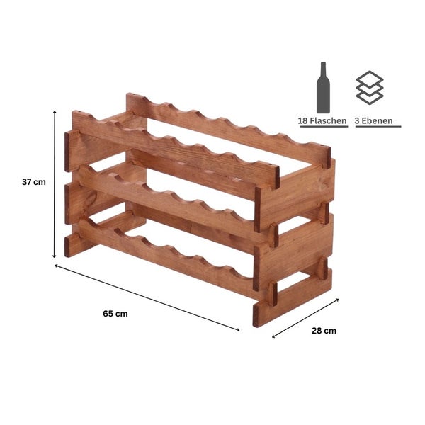 Weinregal VINOTECA FLEX PRO HxBxT 37x65x28cm 18 Flaschen auf 3 Fbenen Massives Kiefernholz Braun geölt