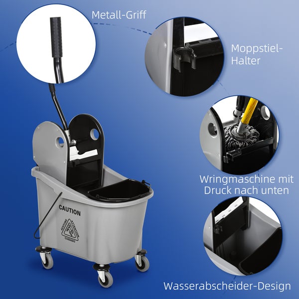 HOMCOM Reinigungswagen 36 Liter Fahreimer Putzeimer Wischwagen mit Auswringvorrichtung, Grau, 54 x 41 x 91,5 cm