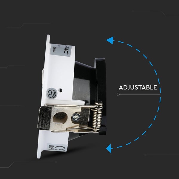 Verstellbarer LED Einbaustrahler in der Seitenansicht mit Metallfeder und Hinweis auf die Verstellbarkeit.
