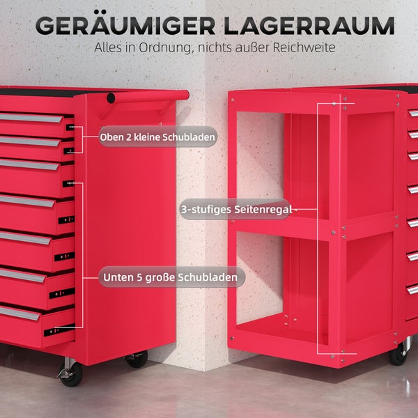 Werkstattwagen mit sieben Schubladen und einem dreistufigen Seitenregal zur organisierten Aufbewahrung von Werkzeug.