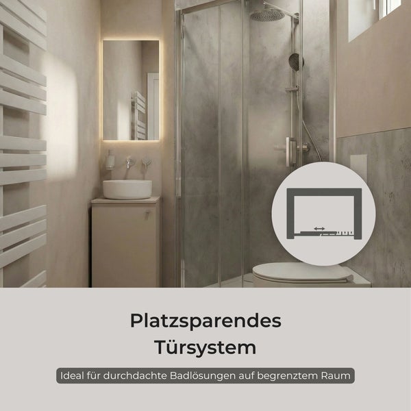Modernes Badezimmer mit platzsparendem Türsystem für die Dusche, Waschtisch mit Waschbecken und beleuchtetem Spiegel.