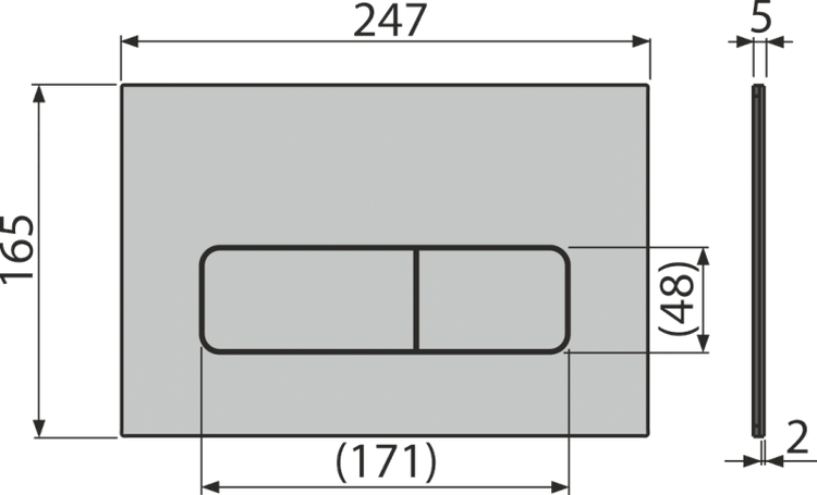 Maßzeichnung einer Toiletten-Betätigungsplatte: 247 Millimeter breit, 165 Millimeter hoch und 5 Millimeter tief.