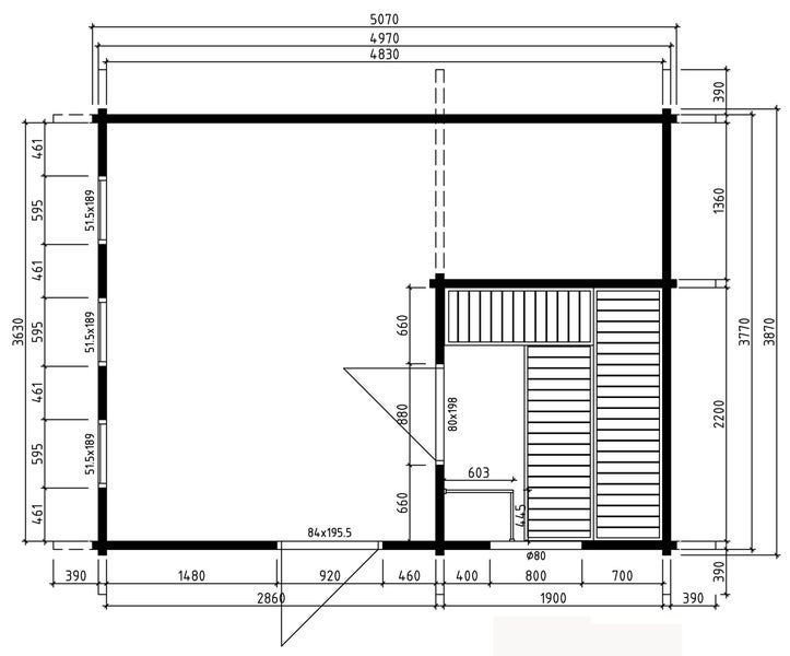 Technischer Grundriss eines Gartenhauses mit Sauna und detaillierten Maßangaben in Millimetern.