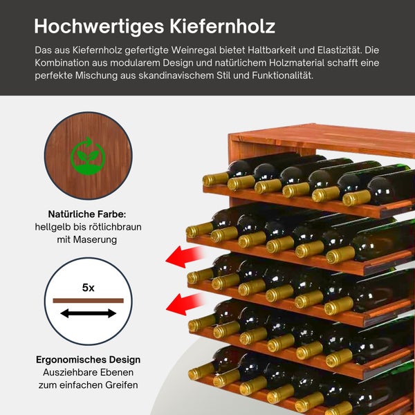 Weinregal aus Kiefernholz mit fünf ausziehbaren Ebenen für Weinflaschen.