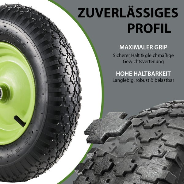 Schubkarrenrad mit robustem Reifenprofil für maximalen Halt und gleichmäßige Gewichtsverteilung.