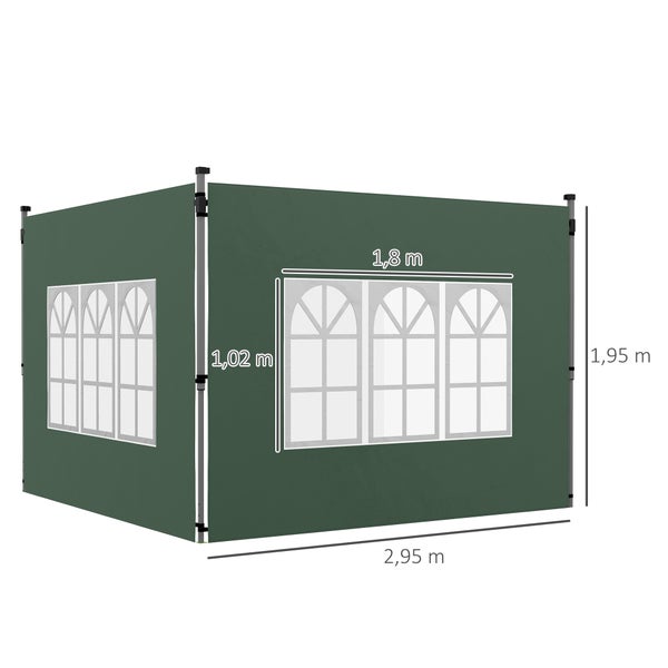 Dunkelgrüne Pavillon-Seitenwand mit drei Rundbogenfenstern. Breite 2,95 Meter, Höhe 1,95 Meter. Fenster 1,8 Meter mal 1,02 Meter.