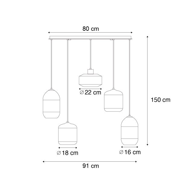 Abmessungen der Hängelampe: 80 cm breit, 150 cm hoch, Durchmesser der Lampenschirme 16 cm, 18 cm und 22 cm