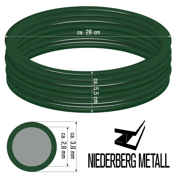 Grüner Spanndraht von Niederberg Metall auf Rolle mit circa 28 Zentimeter Durchmesser, 5,5 Zentimeter Höhe und circa 3,8 Millimeter Drahtstärke.