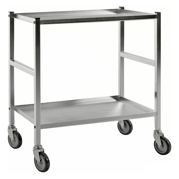Servierwagen aus Edelstahl mit zwei Ablageflächen und Rollen