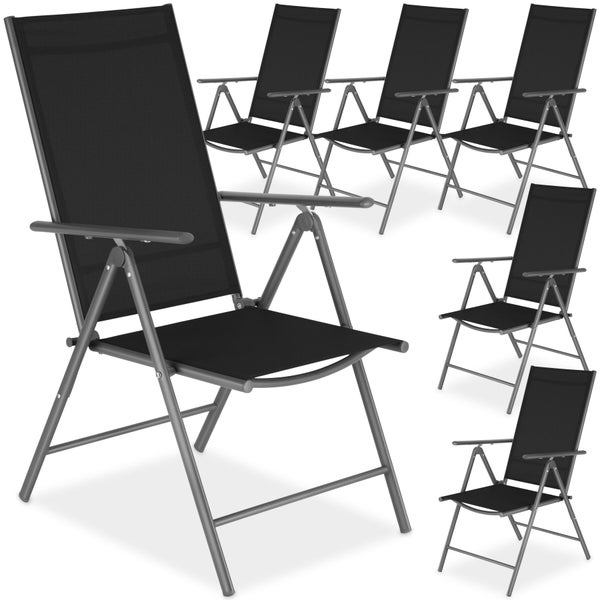 Set aus sechs verstellbaren Klappstühlen für den Garten mit Metallgestell und Textilbespannung.